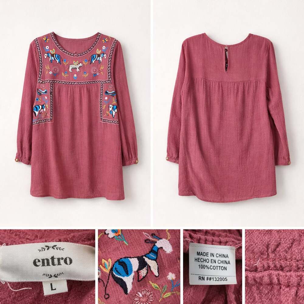 Entro Mauve Embroidered Animal Gauze Tunic Dress Size L **MISSING BUTTON**